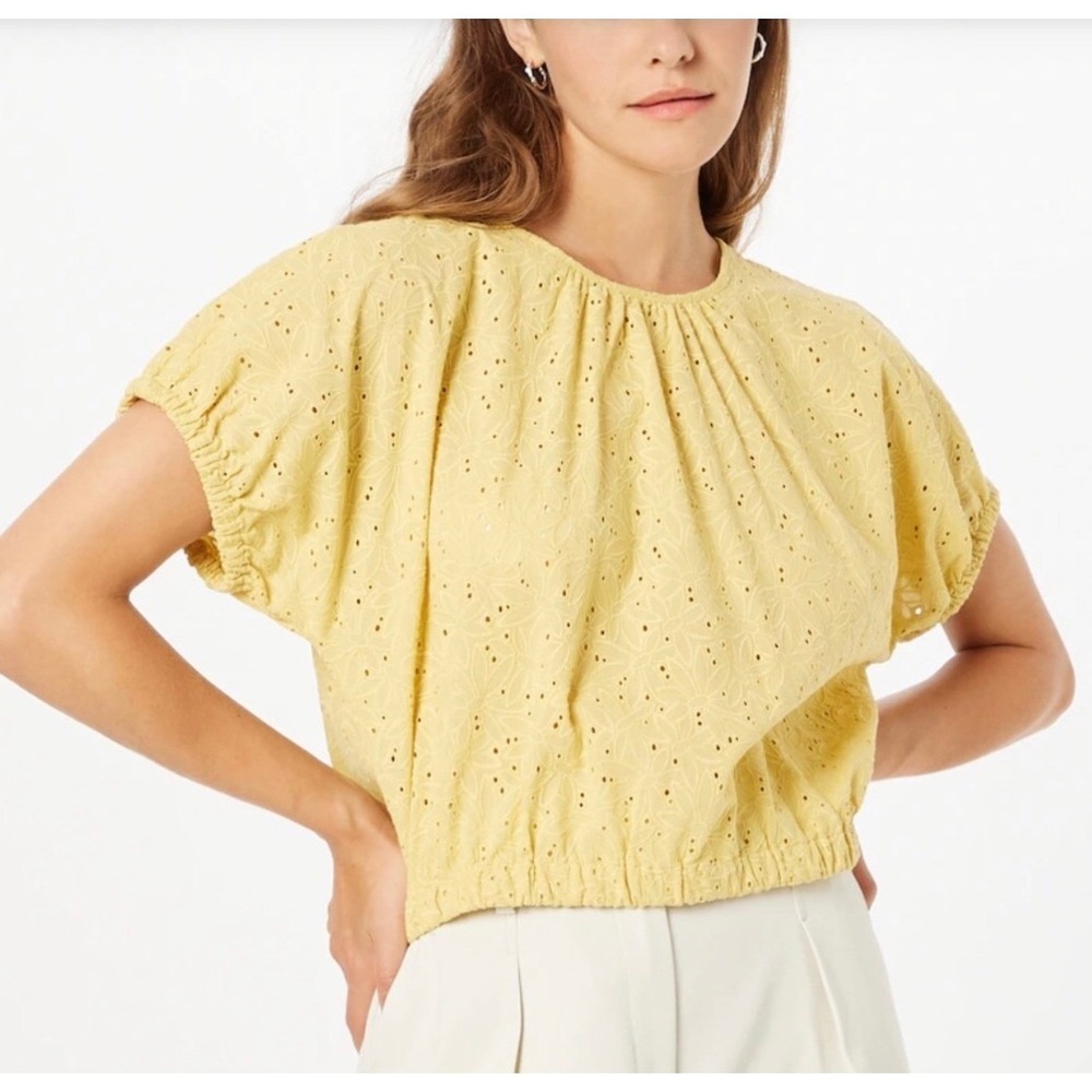 Madewell Eyelet Crop Top Puff Sleeve Yellow Tie Back‎ Casual Blouse Size S